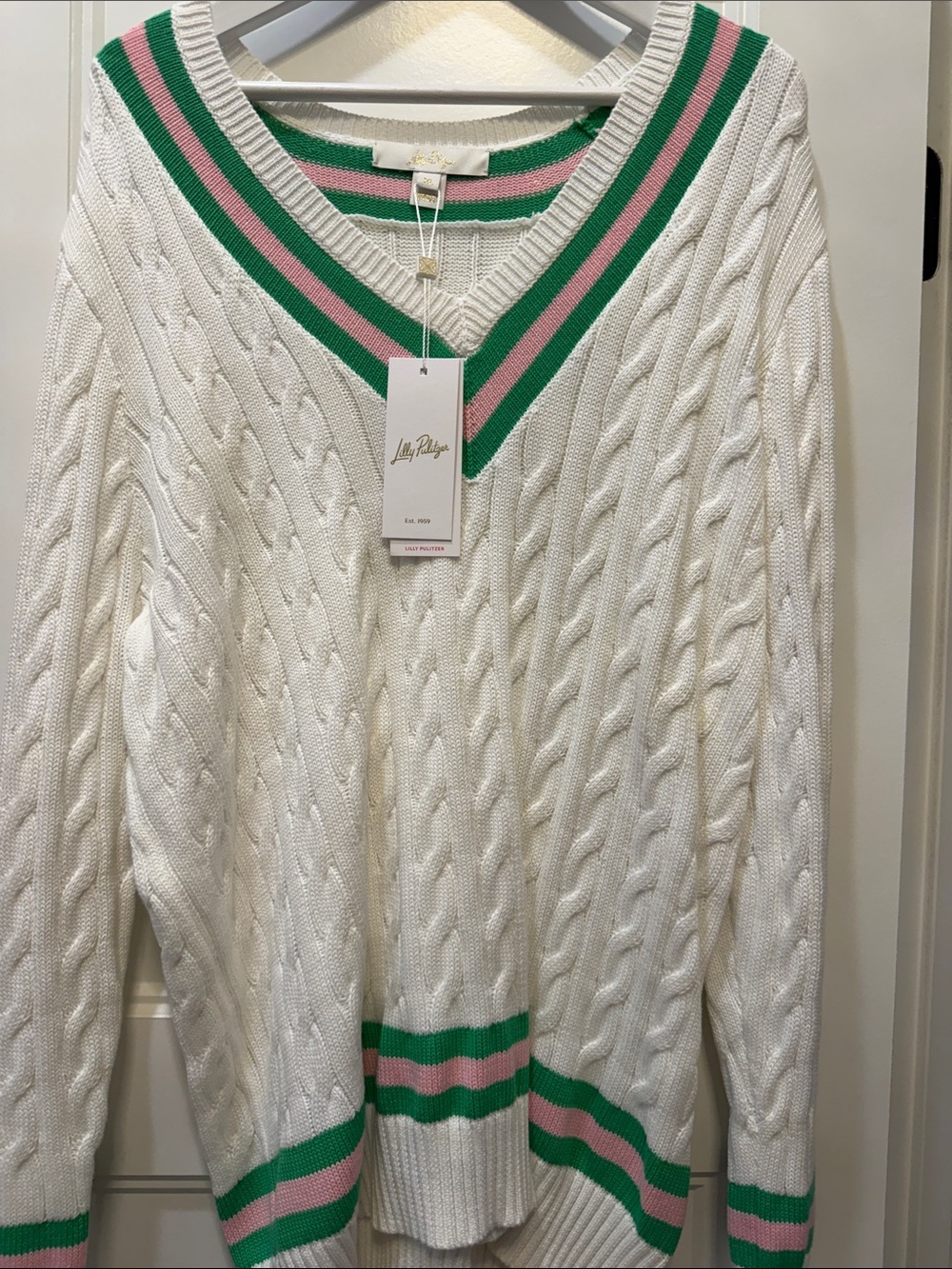 Lilly Pulitzer White Cable-Knit V-Neck Sweater with Pink & Green Stripes XL NWT